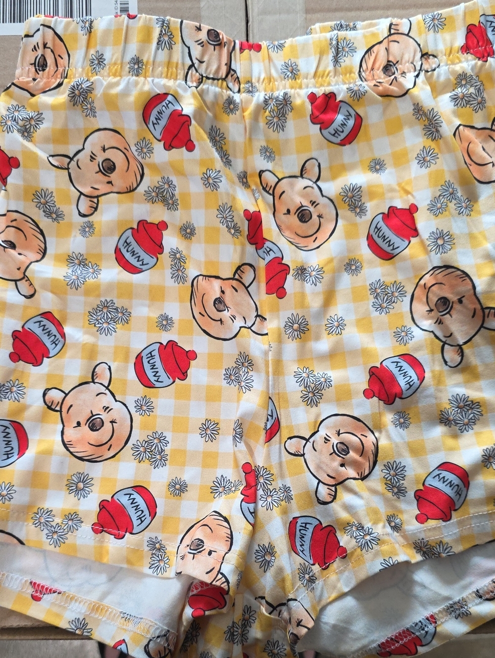 Disney Winnie the Pooh Yellow Plaid Cotton Pajama Shorts with Red Hunny Pots